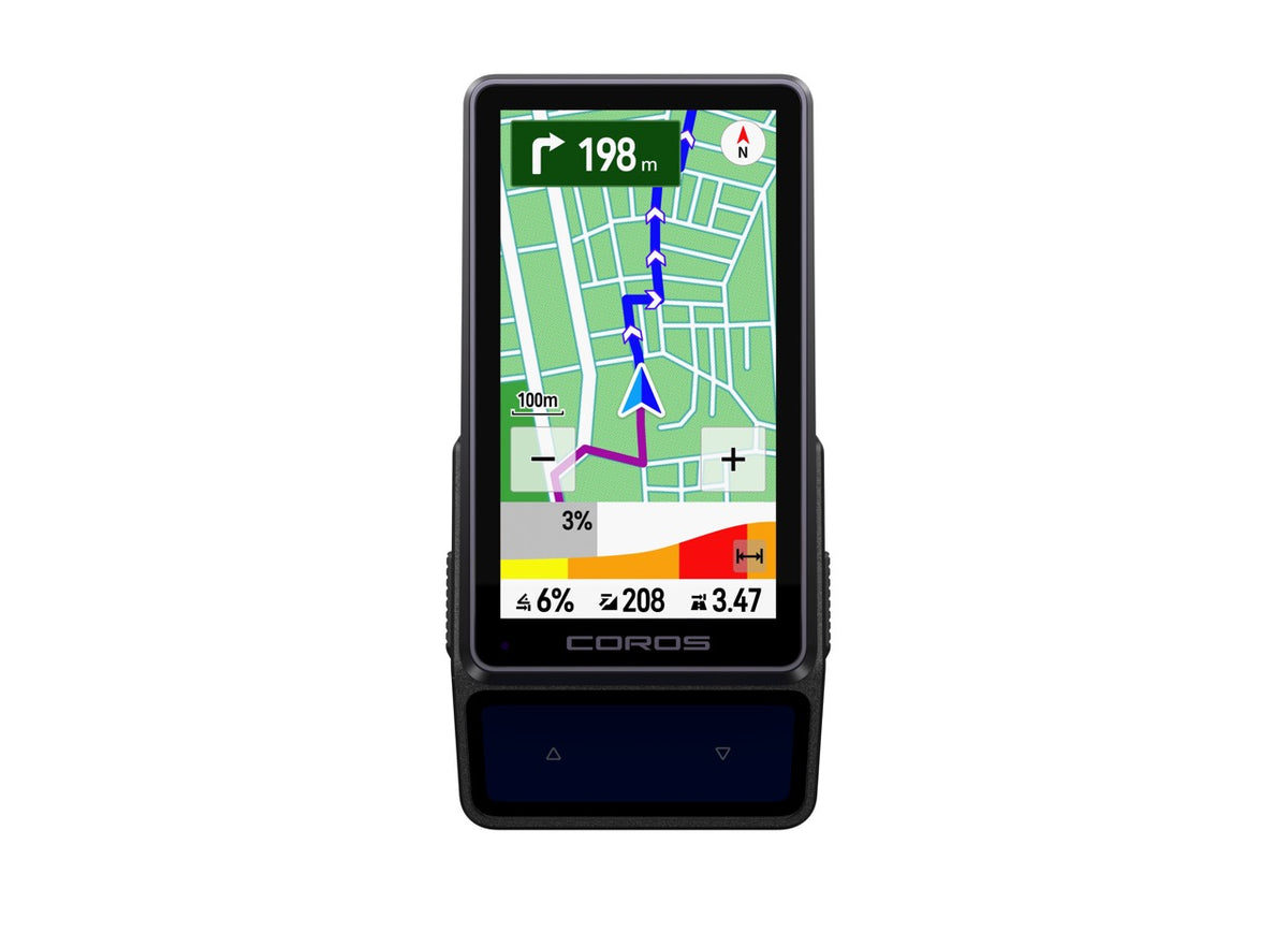 A COROS Bike Computer device with a black bezel and screen displaying a green and blue navigation map, isolated on a white background.