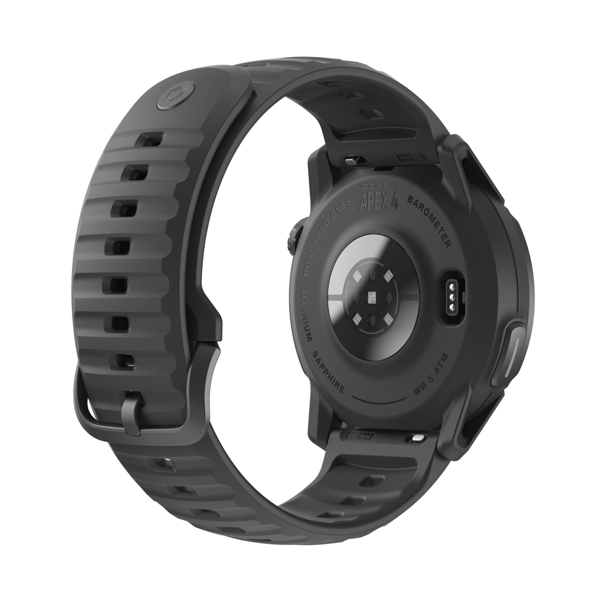 Black smartwatch with a textured band on a white background