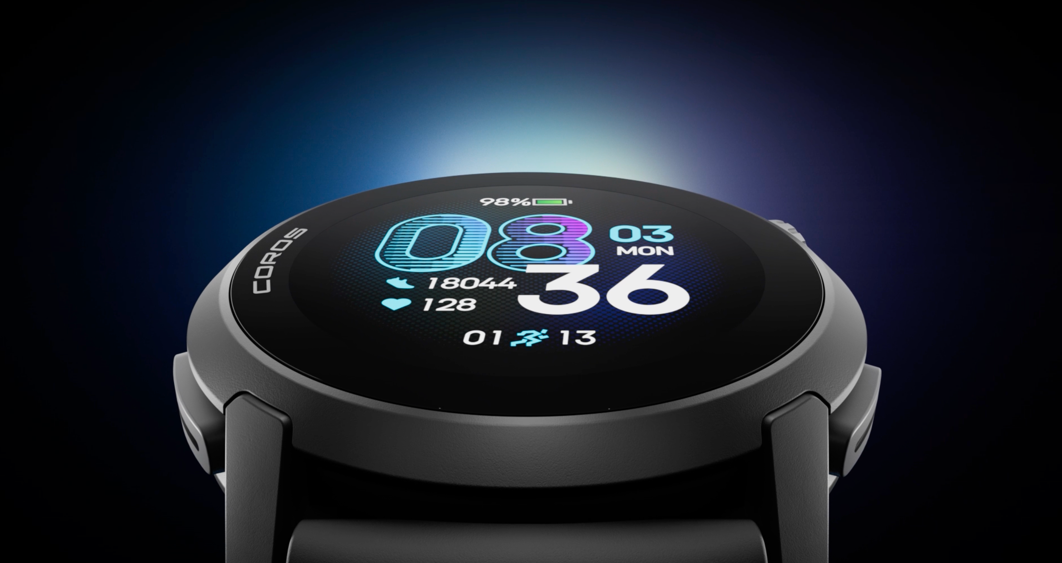 Smartwatch displaying fitness metrics on a dark background. COROS PACE 4 amoled touch screen.