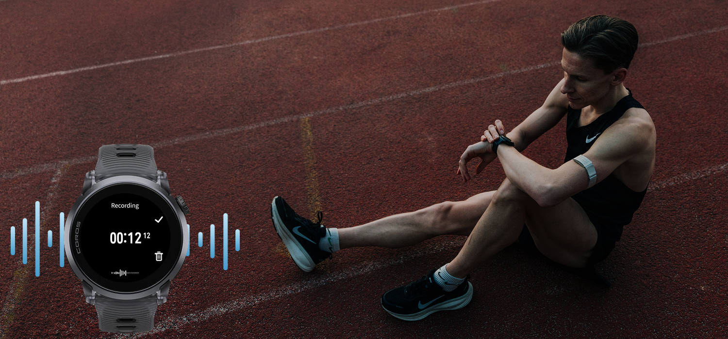 Person sitting on a running track with a smartwatch displaying workout data. Displaying the new open mic function 