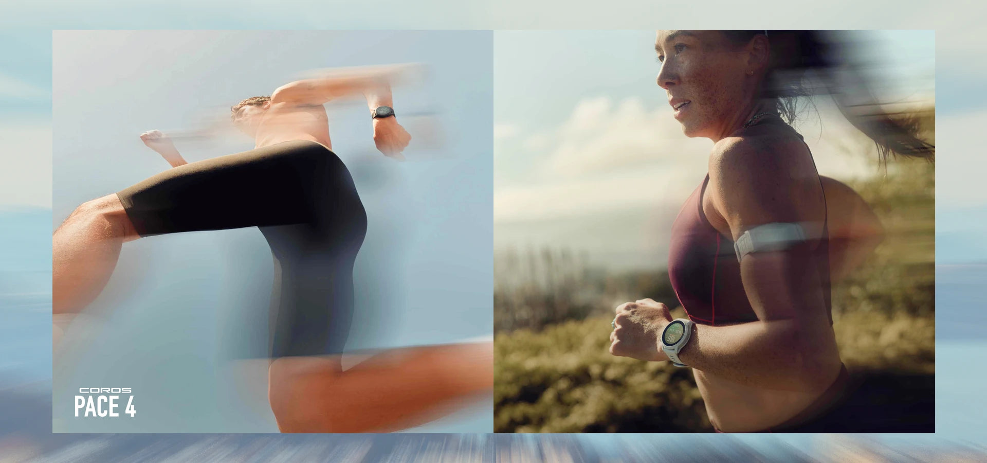 Two images of a person running with a watch on their wrist, one showing a close-up of the watch and the other in a natural setting.